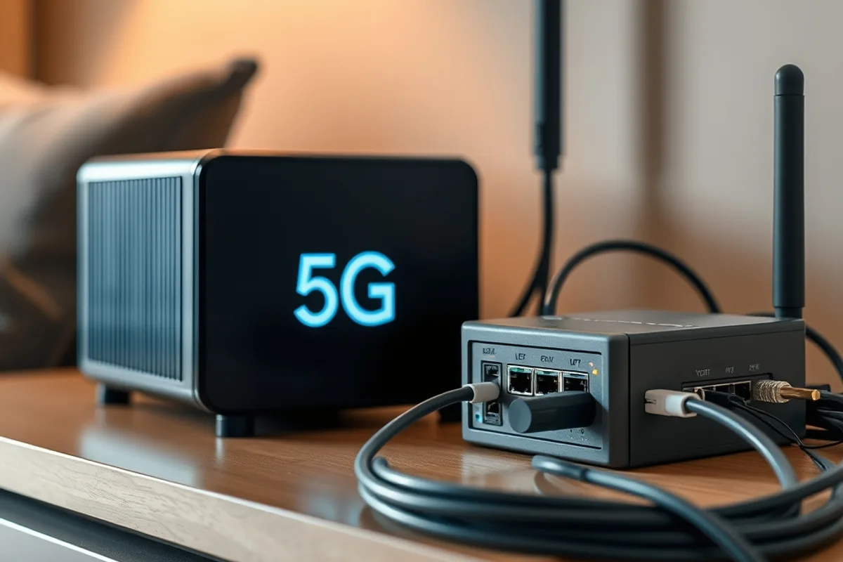 A 5G home internet gateway beside a fibre terminal in a living room