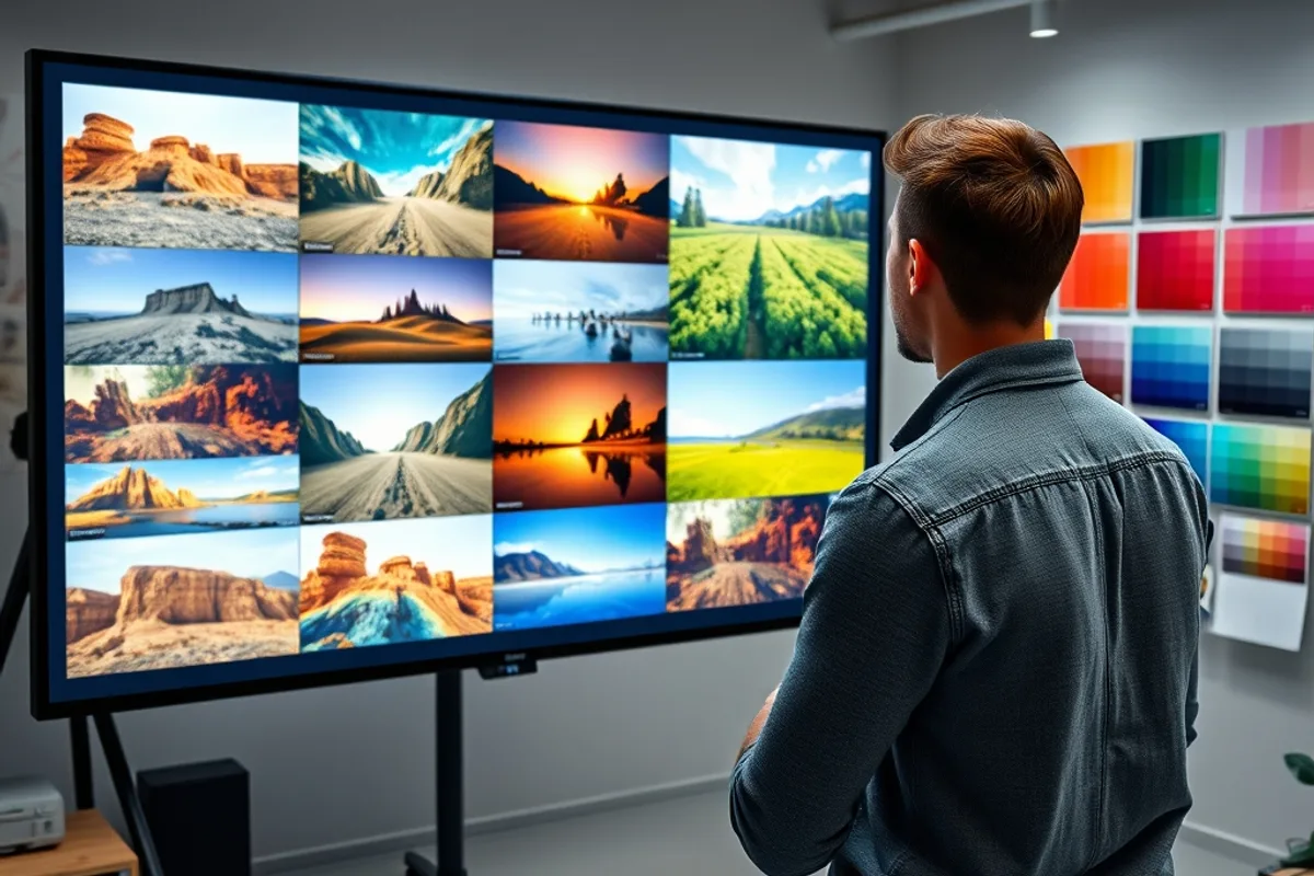 A designer comparing generated image options on a large studio display