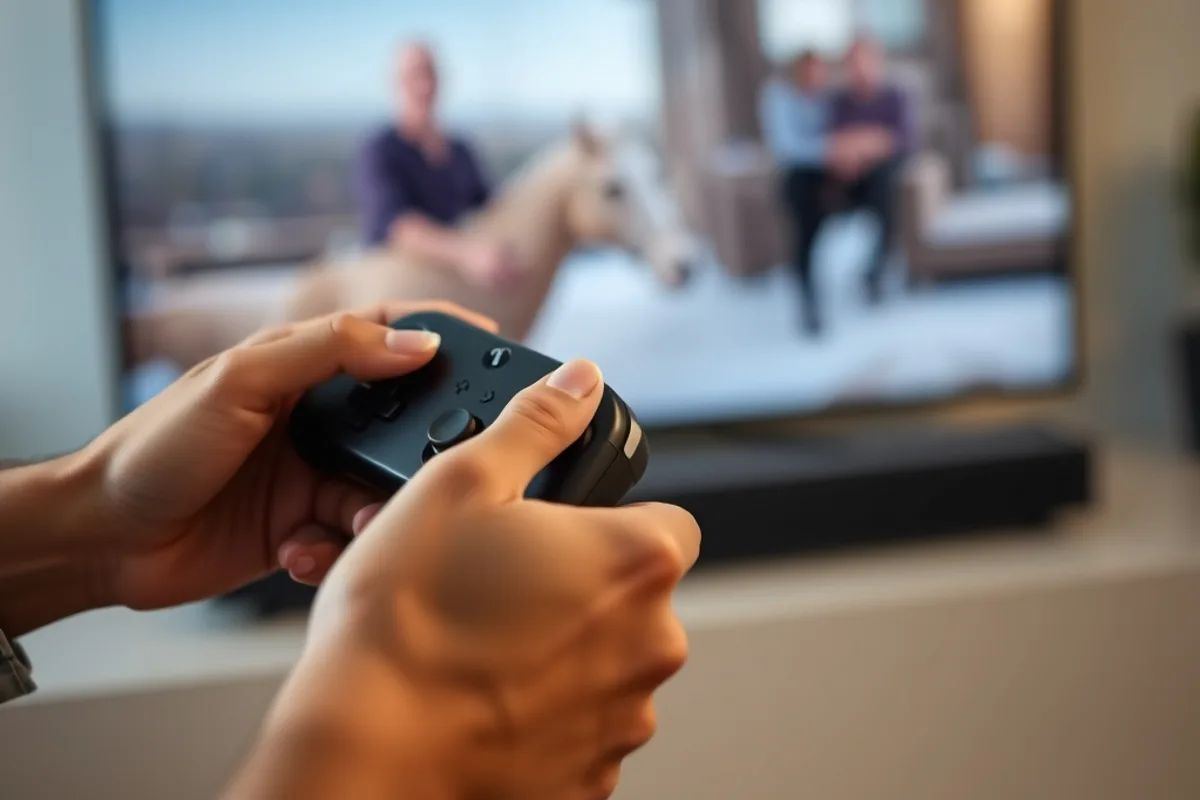 A player with a controller in front of a large television streaming a game