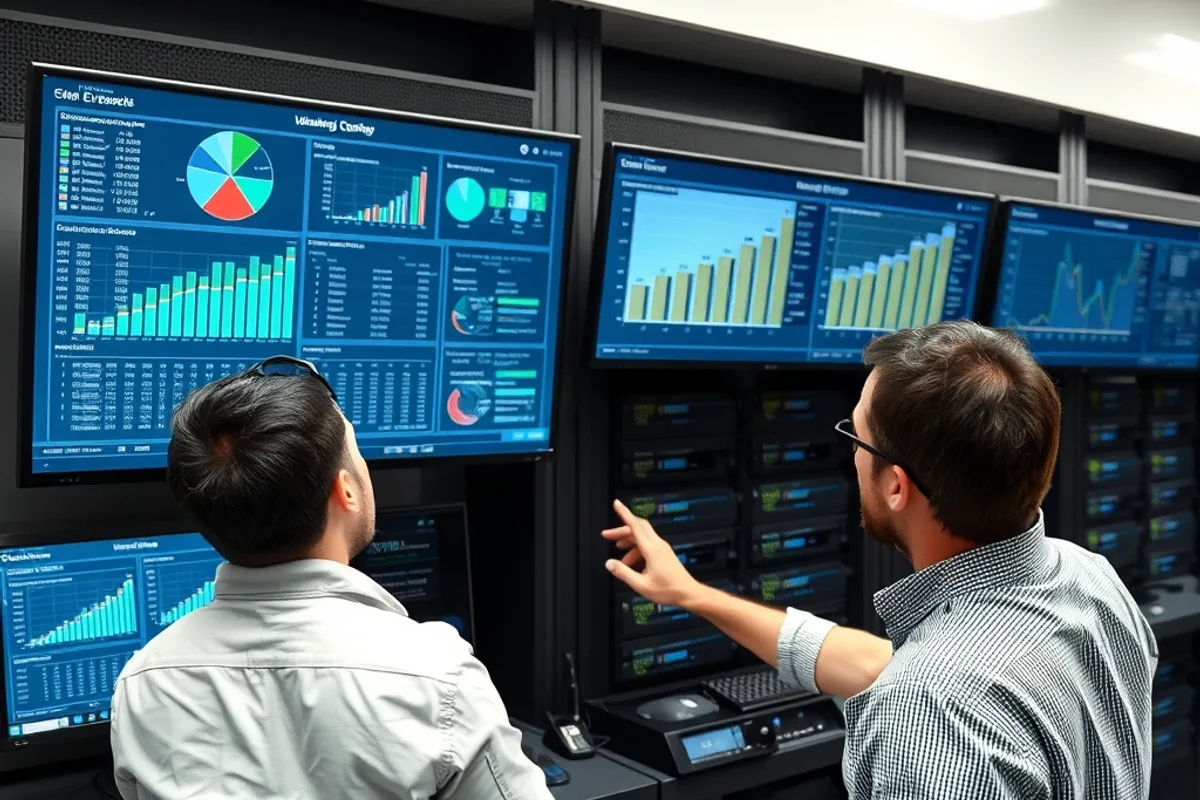 Engineers reviewing server capacity and cost dashboards in a data centre