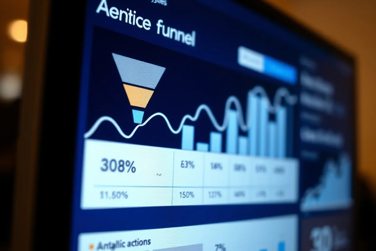 An analytics dashboard showing funnel stages and conversion rates
