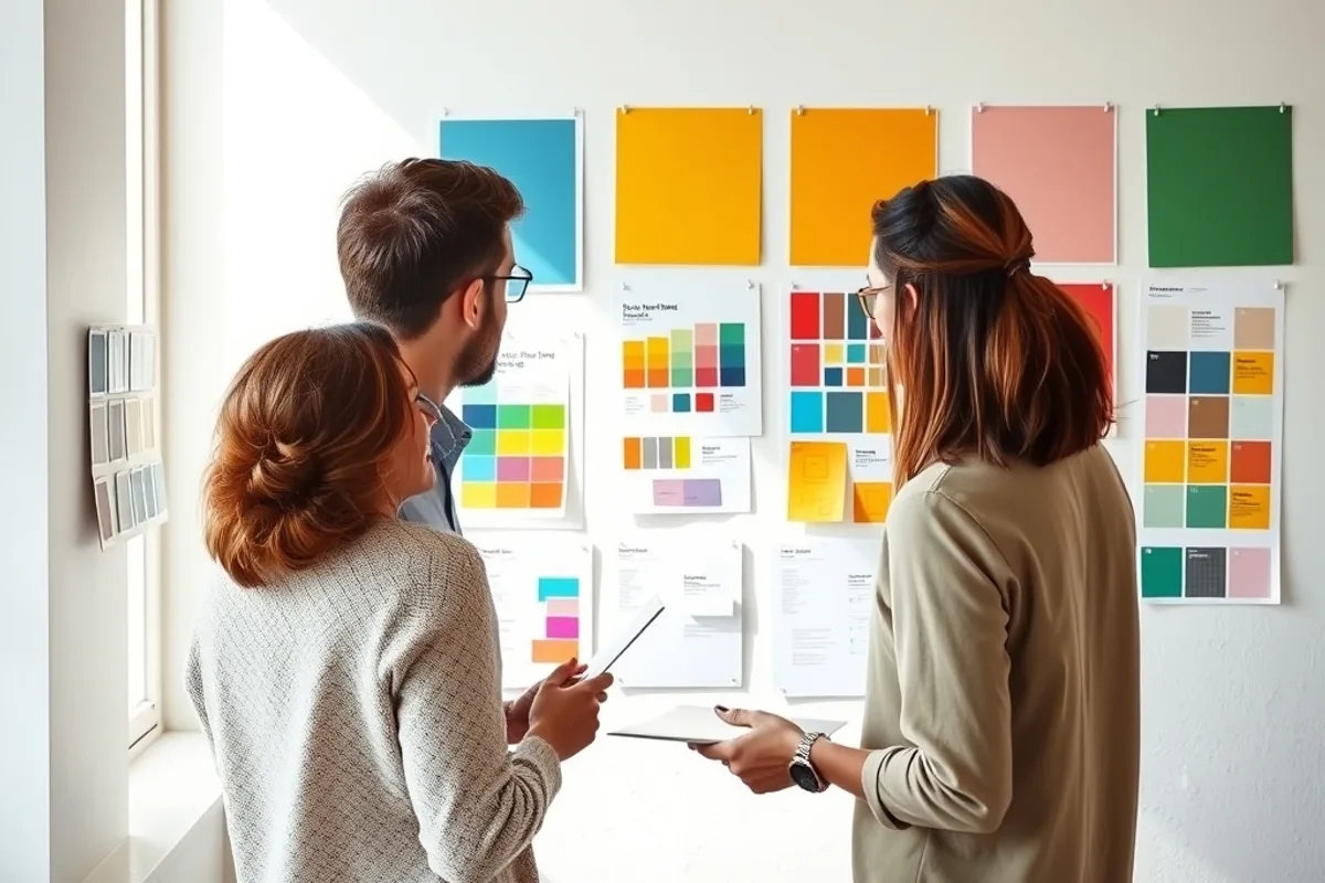Designers reviewing colour tokens and component boards on a studio wall