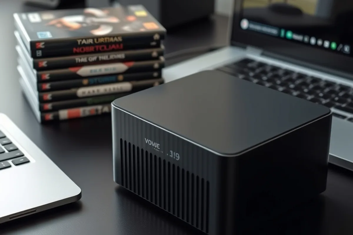 A shelf of physical game cases beside a console and external drive