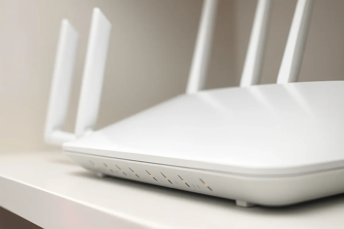 A Wi-Fi 7 router on a wooden shelf in a modern living room